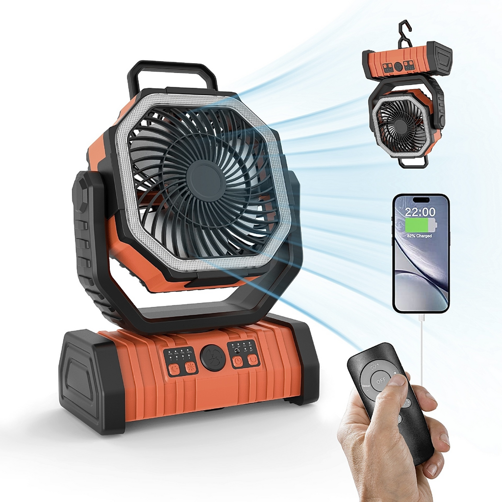 3-in-1 Camping Fan, LED Light & Power Bank