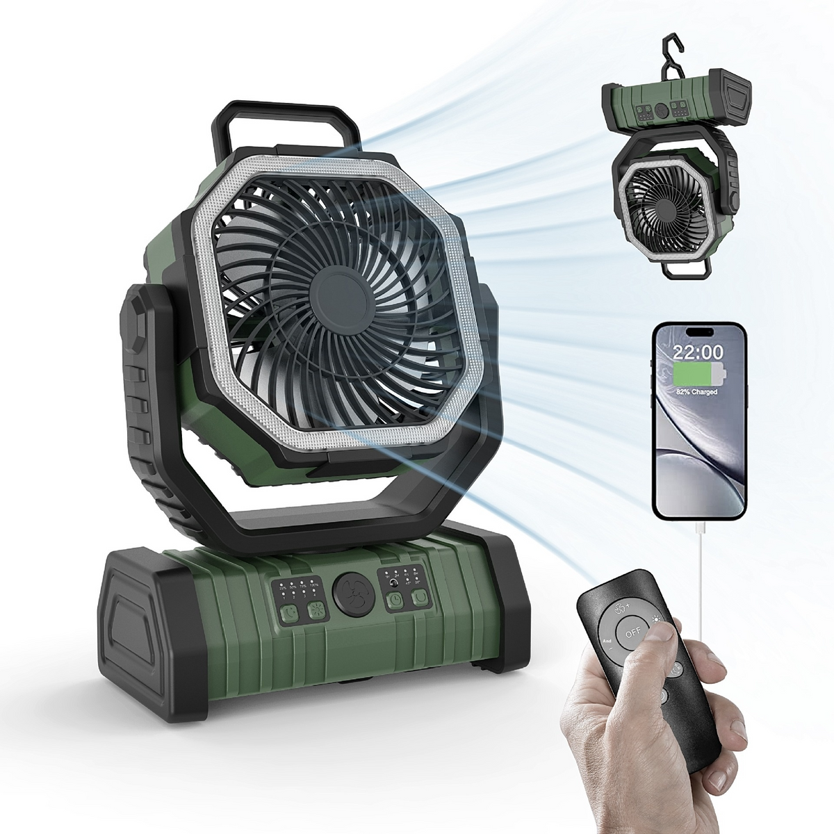 3-in-1 Camping Fan, LED Light & Power Bank